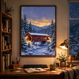 Snowy Covered Bridge at Dusk poster in a cozy home office