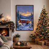 Snowy Covered Bridge at Dusk poster framed in a cozy Christmas living room