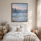 Winter Swan Lake poster in a minimalist bedroom