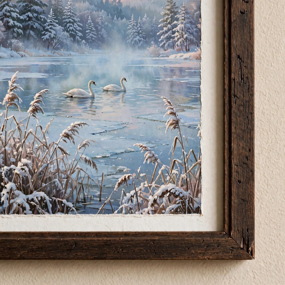 Close-up detail of Winter Swan Lake poster print quality