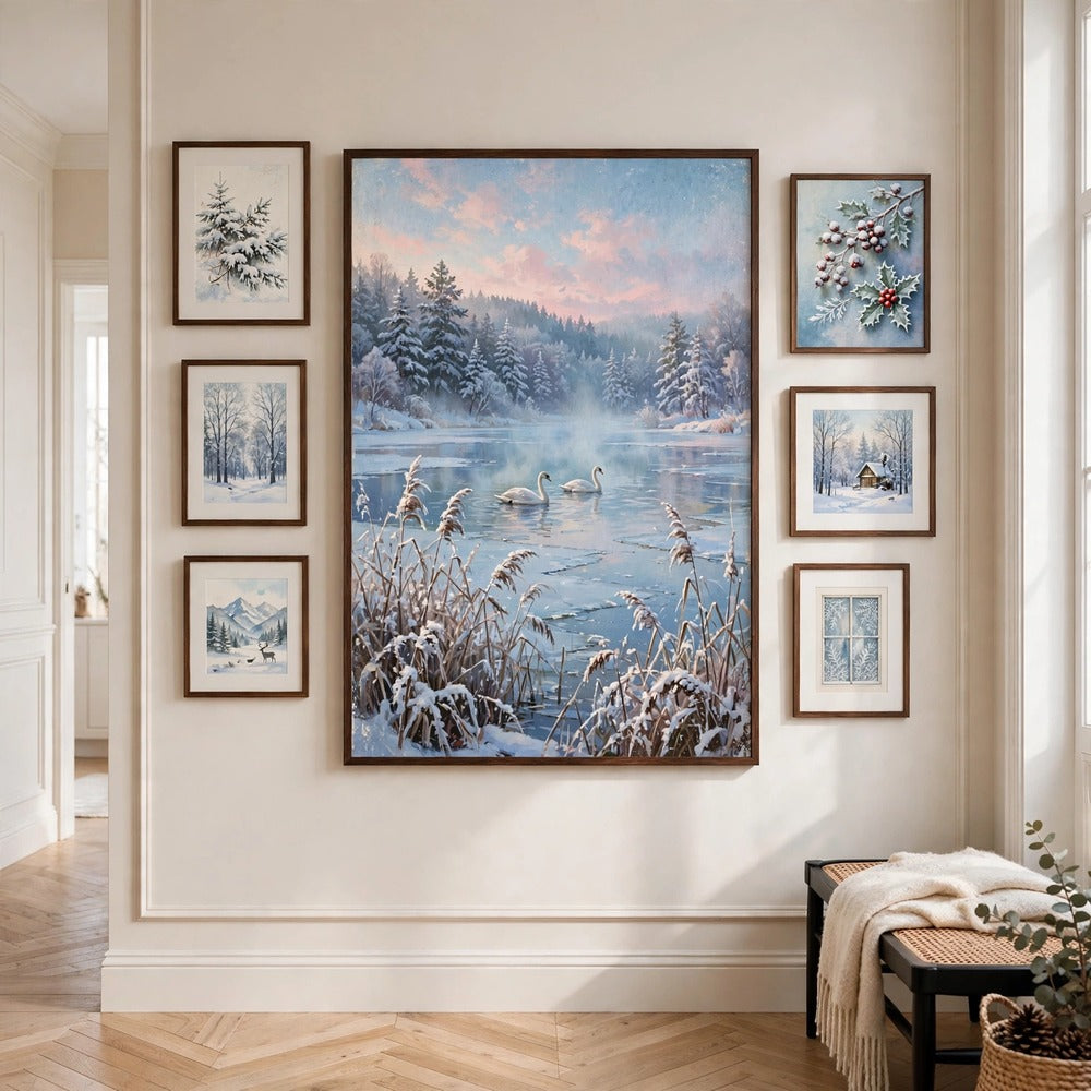 Winter Swan Lake poster as centerpiece of a gallery wall