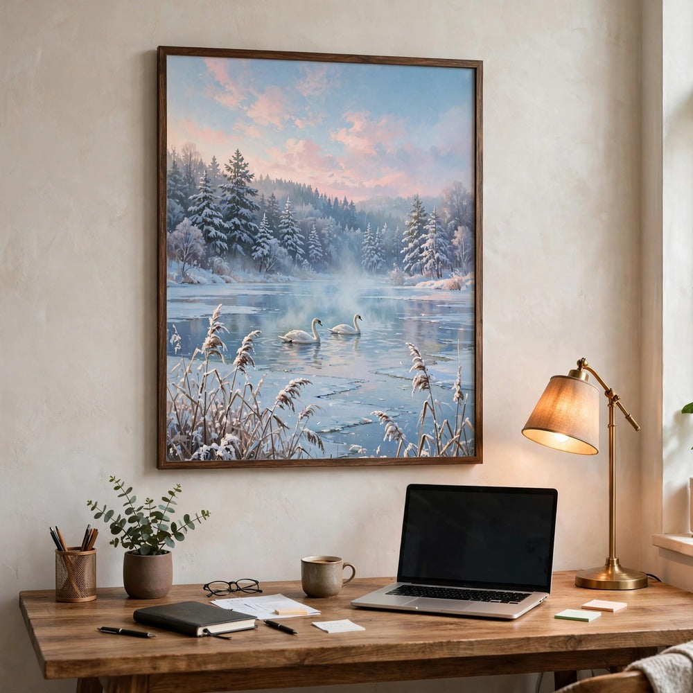 Winter Swan Lake poster in a home office