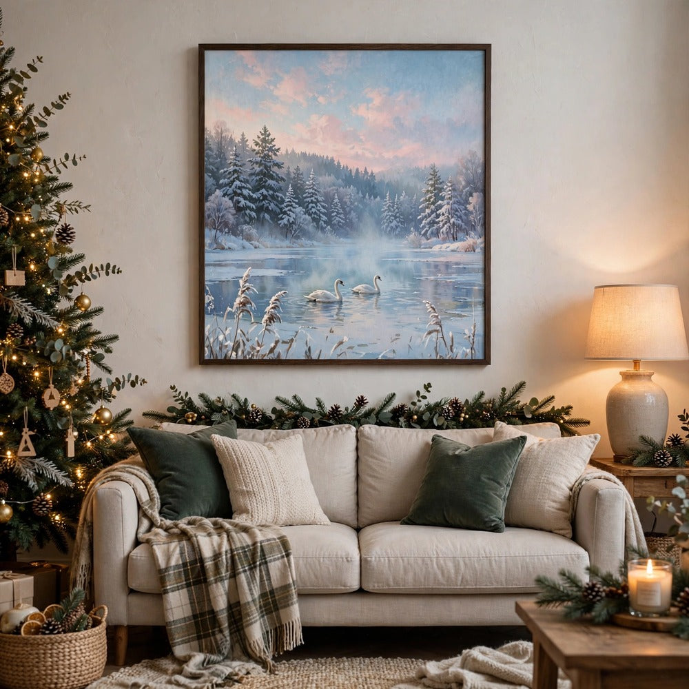 Winter Swan Lake poster framed in a cozy living room
