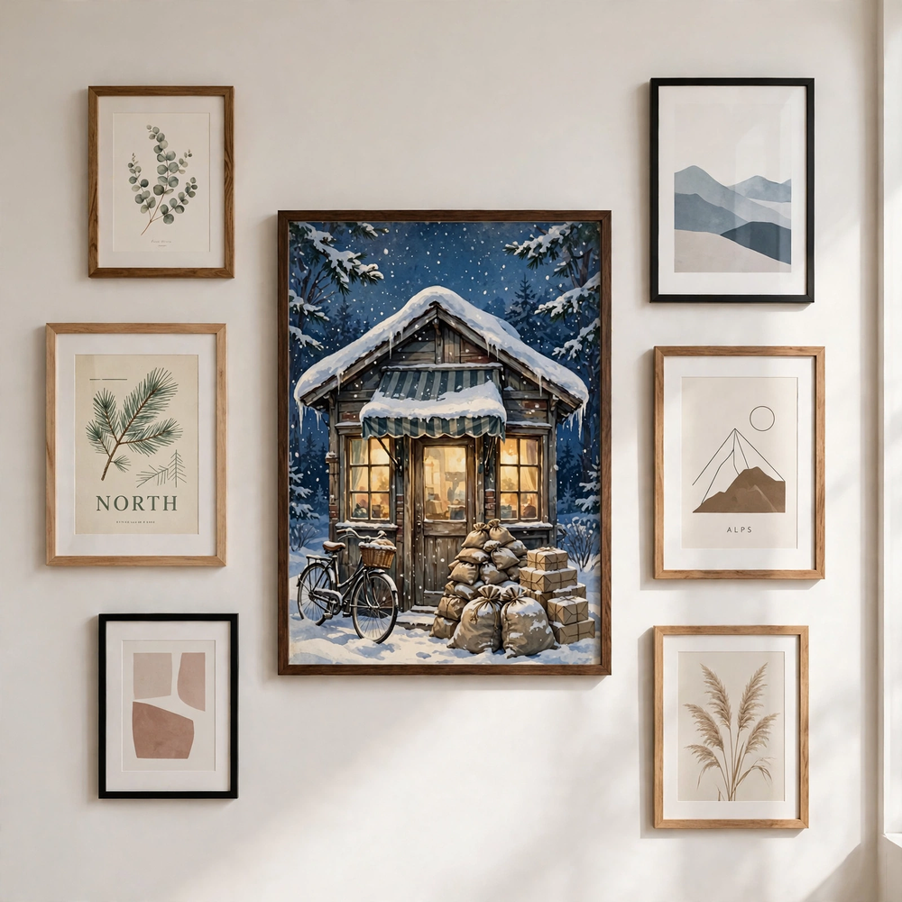 The Old Post Office at Christmas poster as centerpiece of a gallery wall