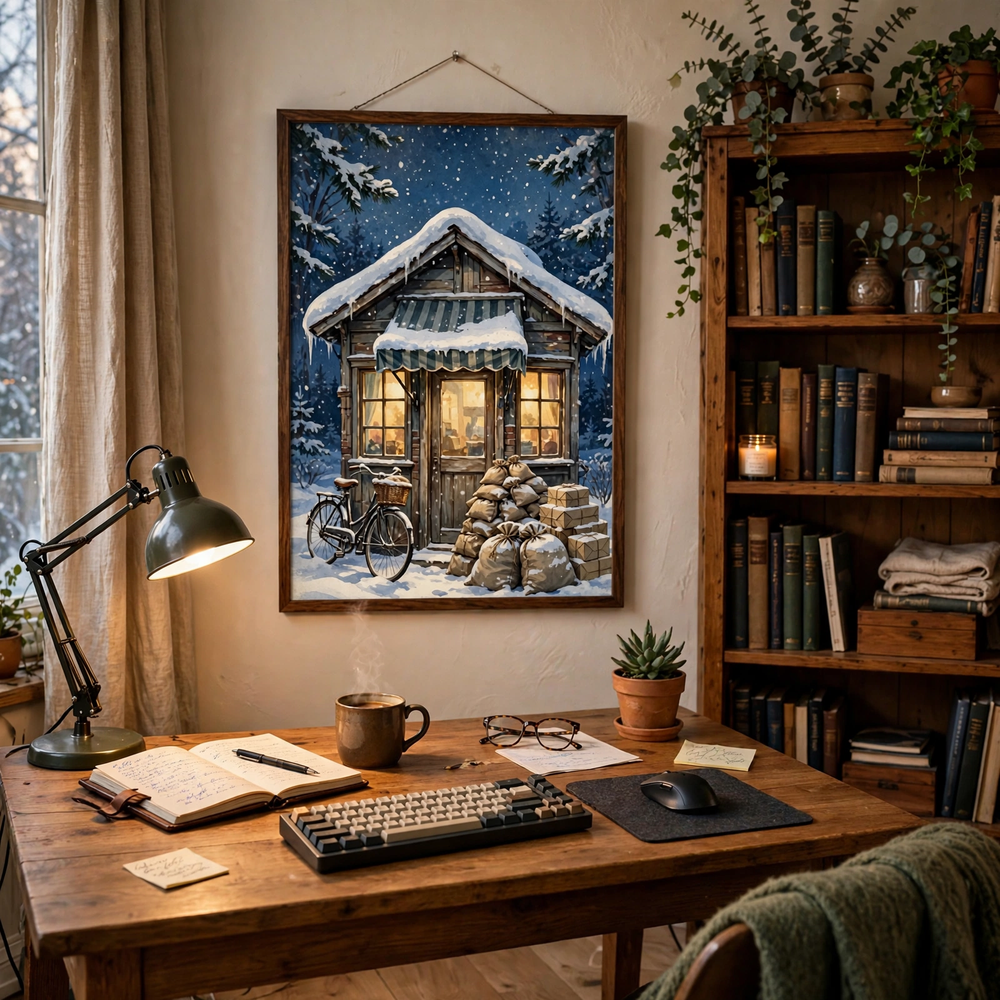 The Old Post Office at Christmas poster in a home office