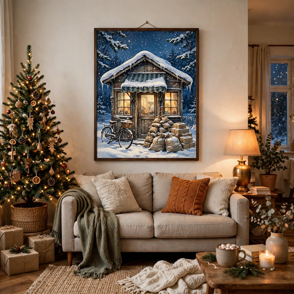 The Old Post Office at Christmas poster framed in a cozy living room