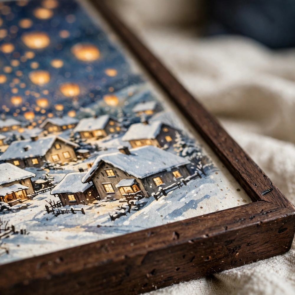 Close-up detail of Christmas Lantern Festival Night poster print quality