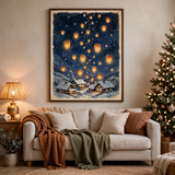 Christmas Lantern Festival Night poster framed in a cozy living room