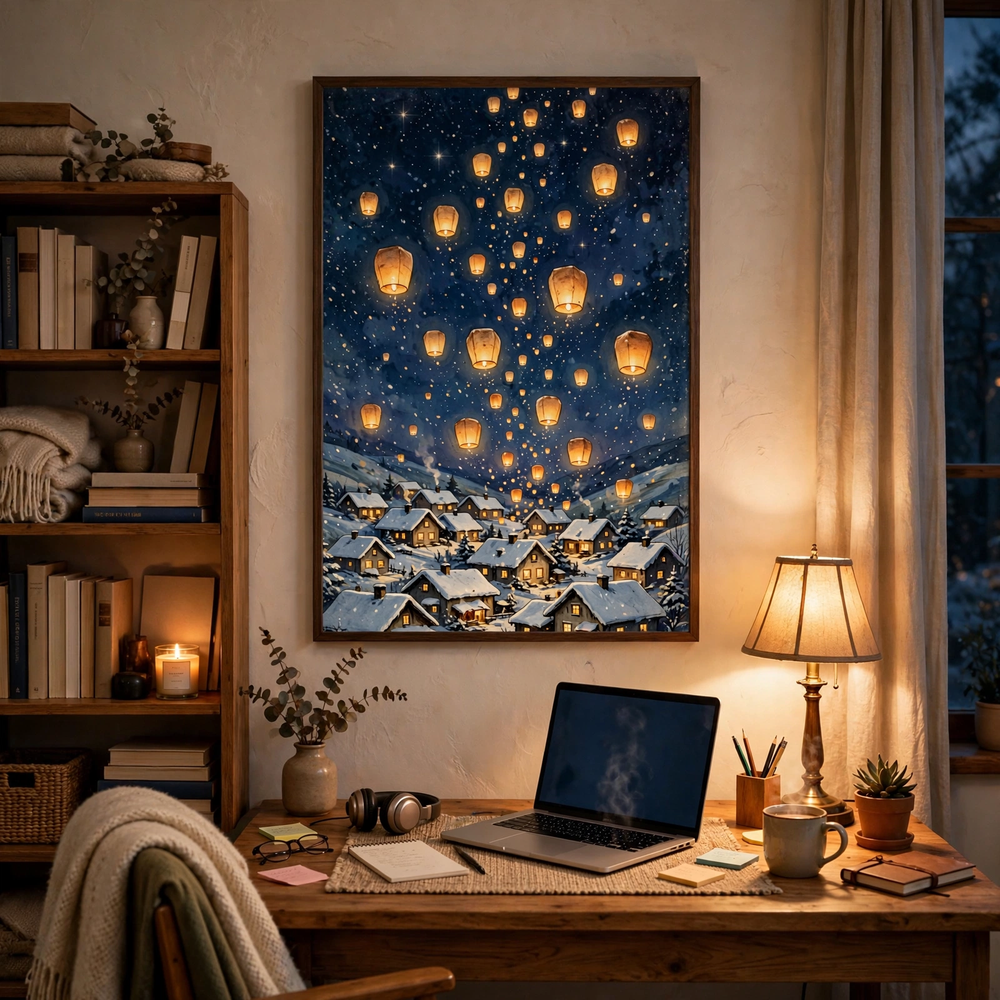Christmas Lantern Festival Night poster in a home office