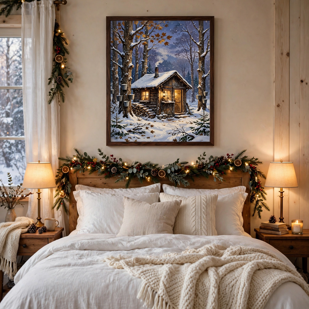 Maple Sugar Shack Winter poster in a winter bedroom