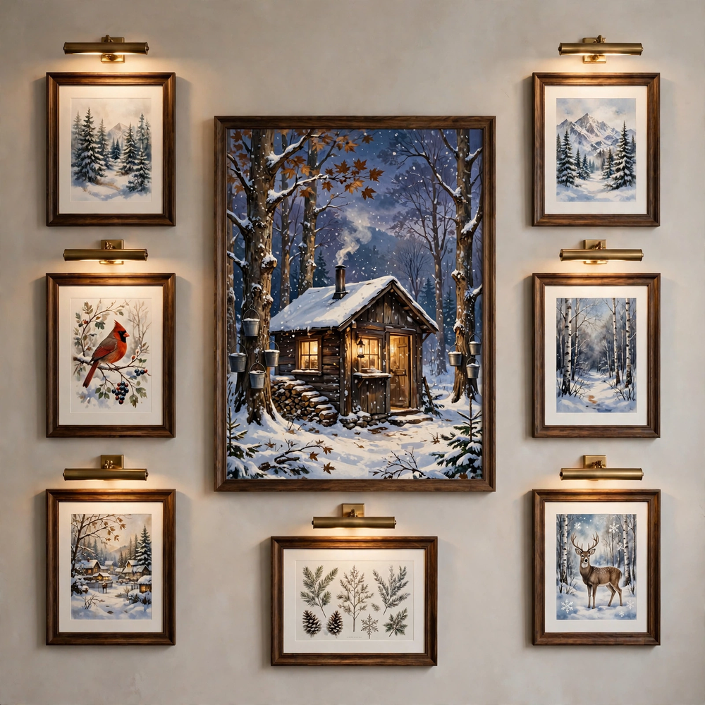 Maple Sugar Shack Winter poster as centerpiece of a gallery wall