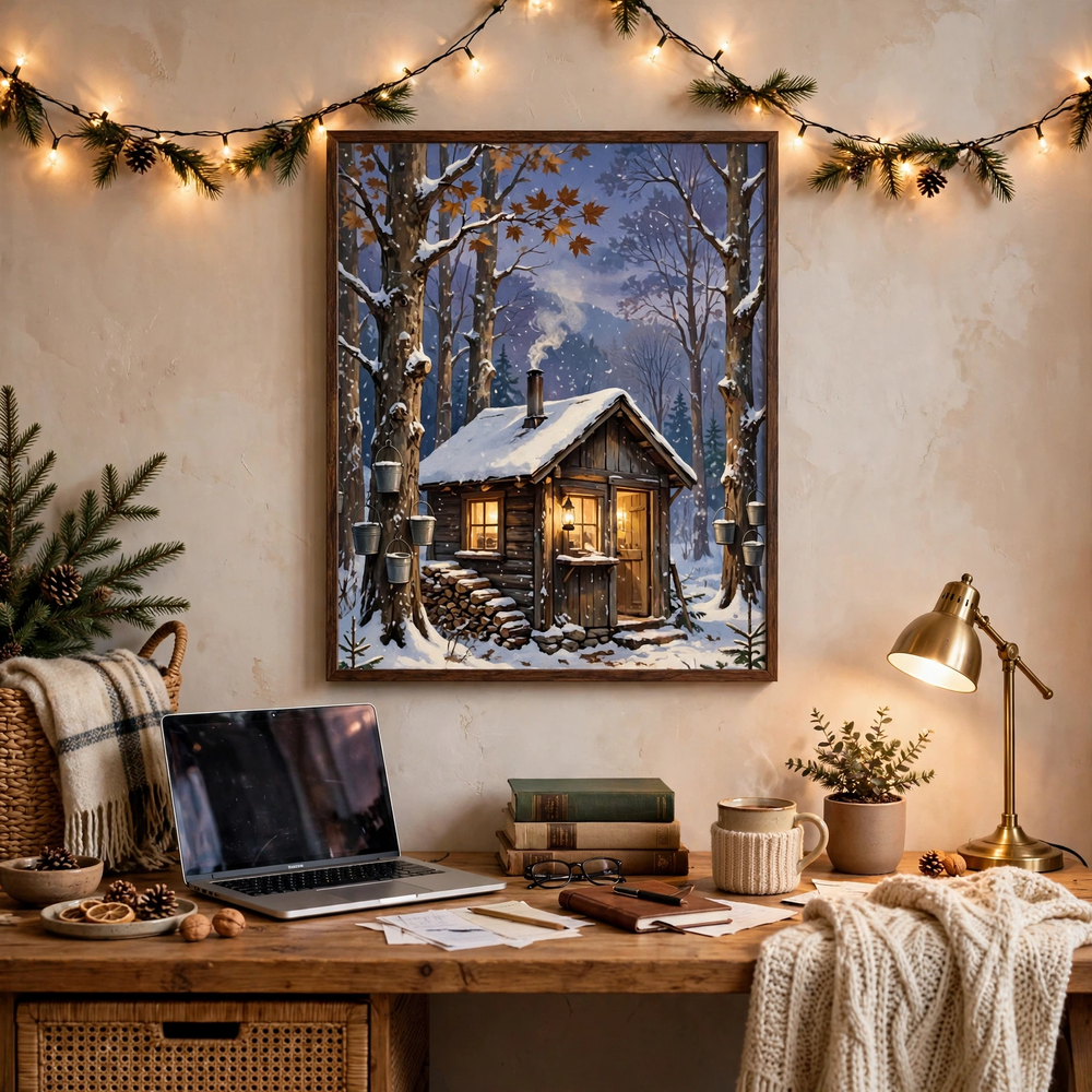 Maple Sugar Shack Winter poster in a home office