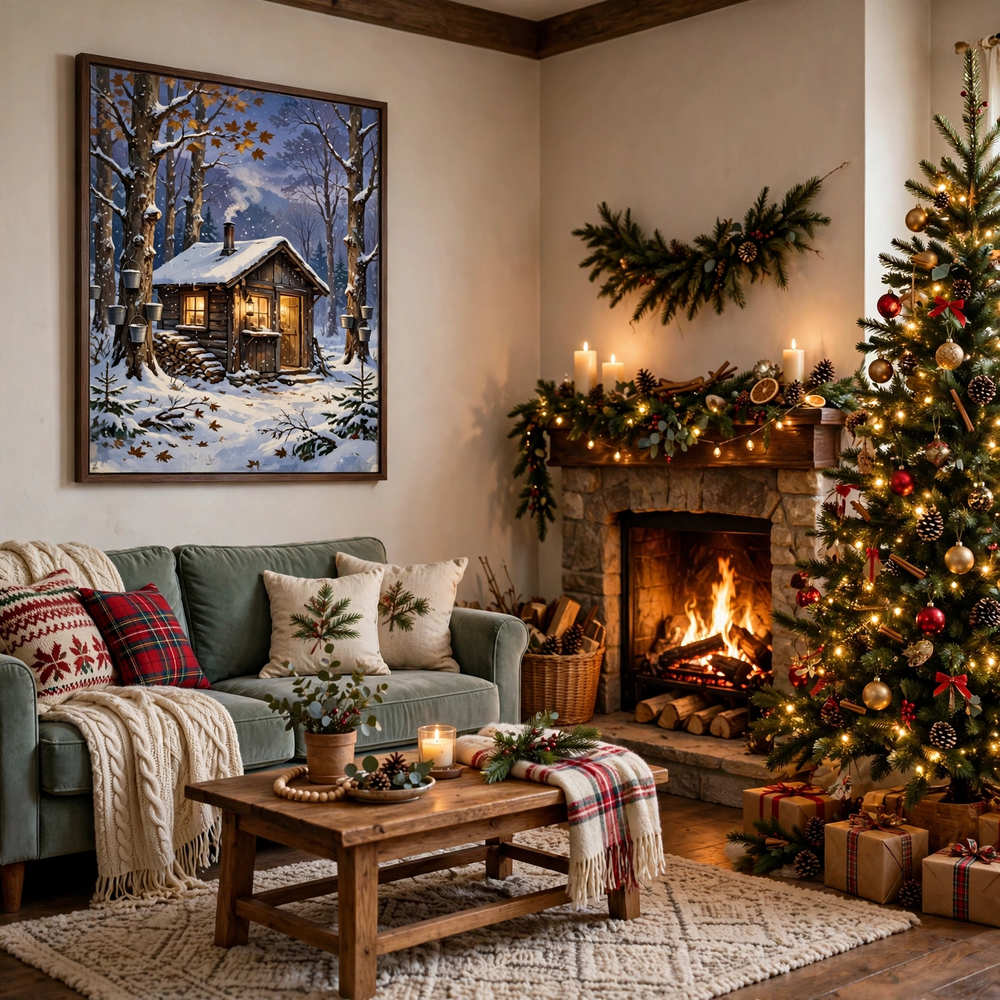 Maple Sugar Shack Winter poster framed in a cozy Christmas living room