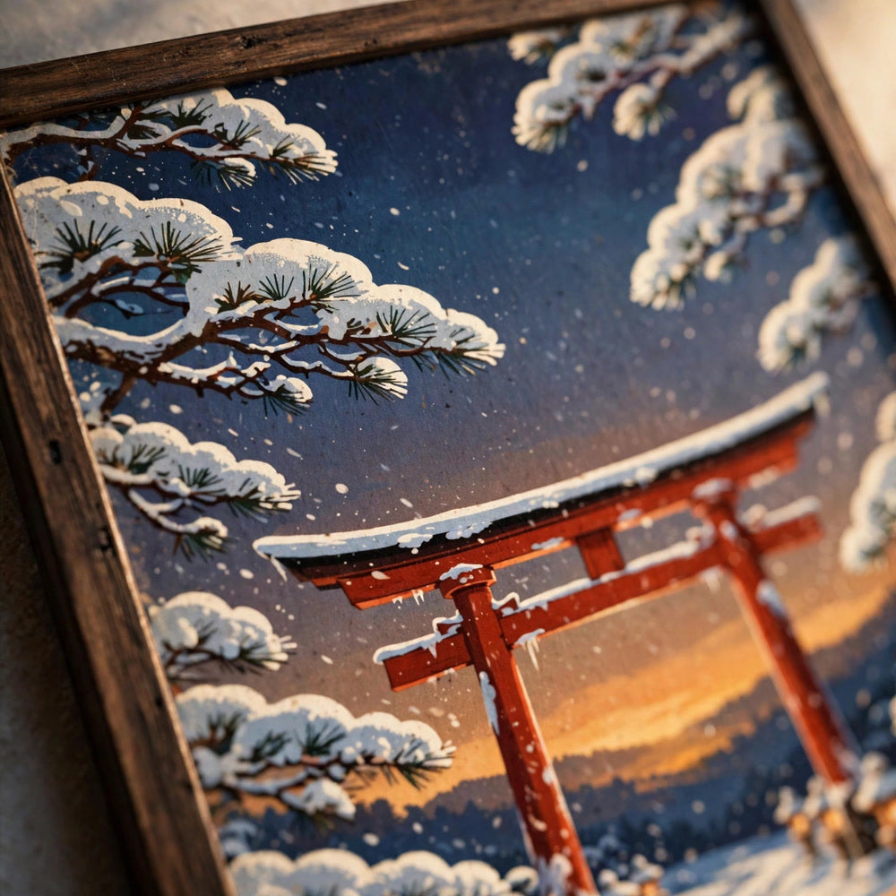 Snowy Kyoto Temple vintage winter poster - closeup