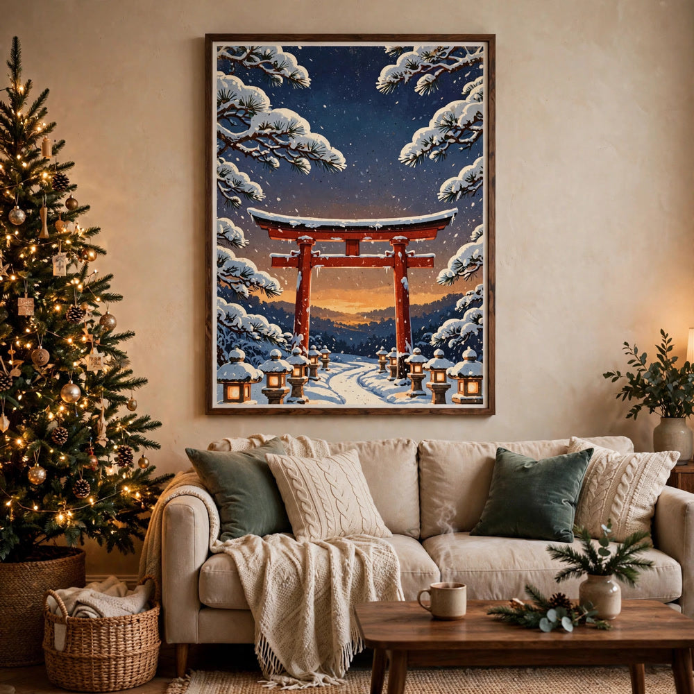 Snowy Kyoto Temple vintage winter poster - livingroom