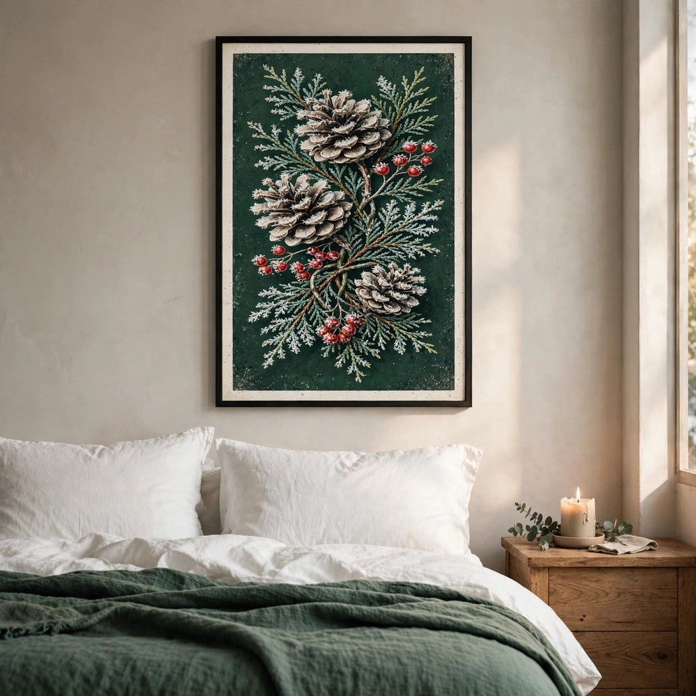 Frosted Pinecone Botanical vintage Christmas poster — bedroom