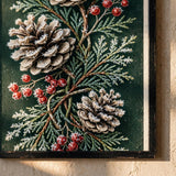 Frosted Pinecone Botanical vintage Christmas poster — closeup