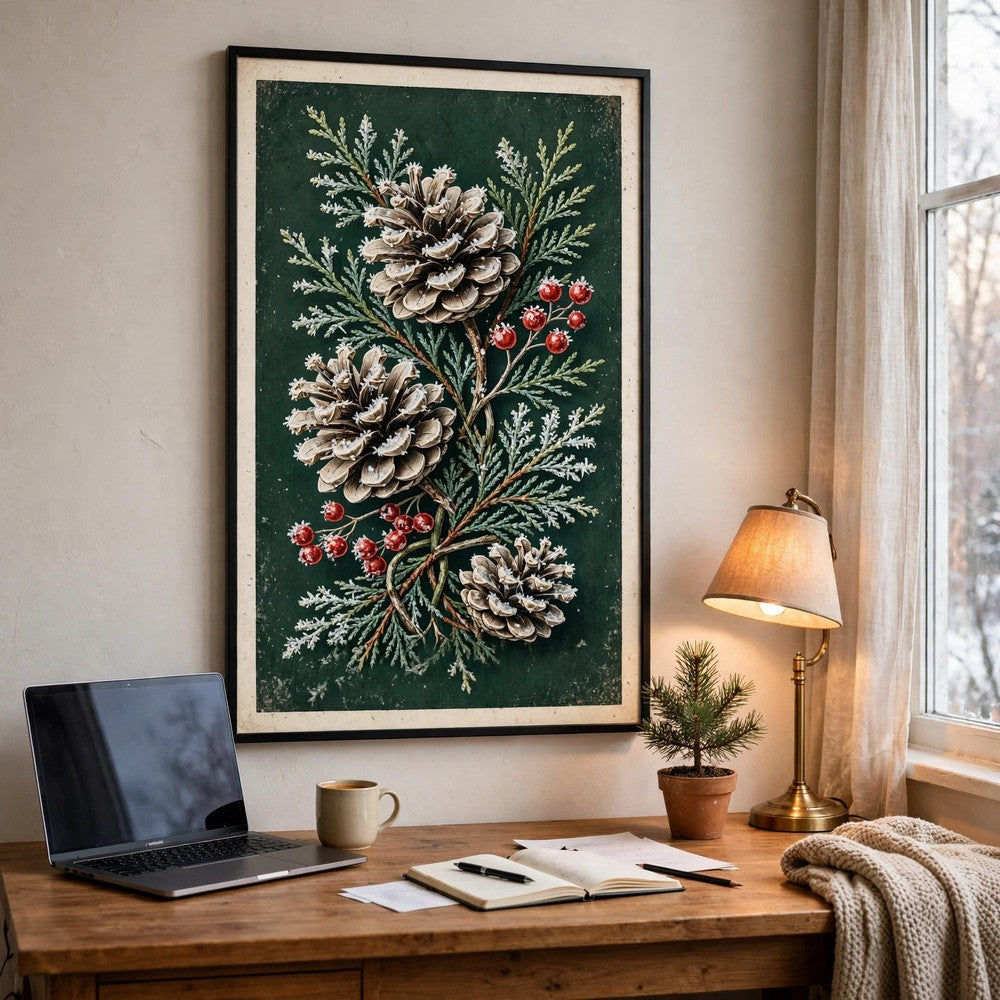 Frosted Pinecone Botanical vintage Christmas poster — office