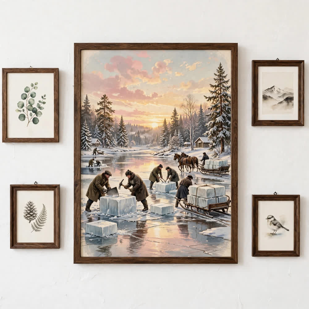 Ice Harvest Morning poster as centerpiece of a gallery wall