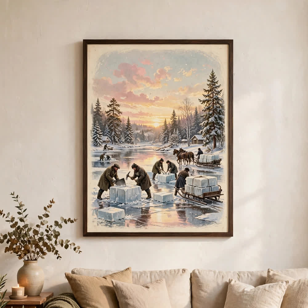 Ice Harvest Morning poster framed in a cozy living room