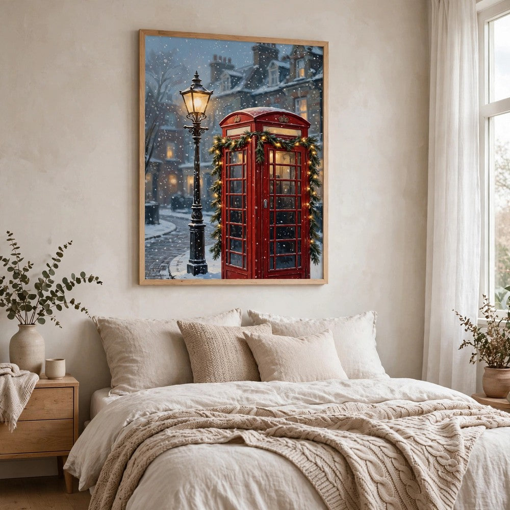 London Phone Booth in the Snow — Vintage Winter Landscape Poster