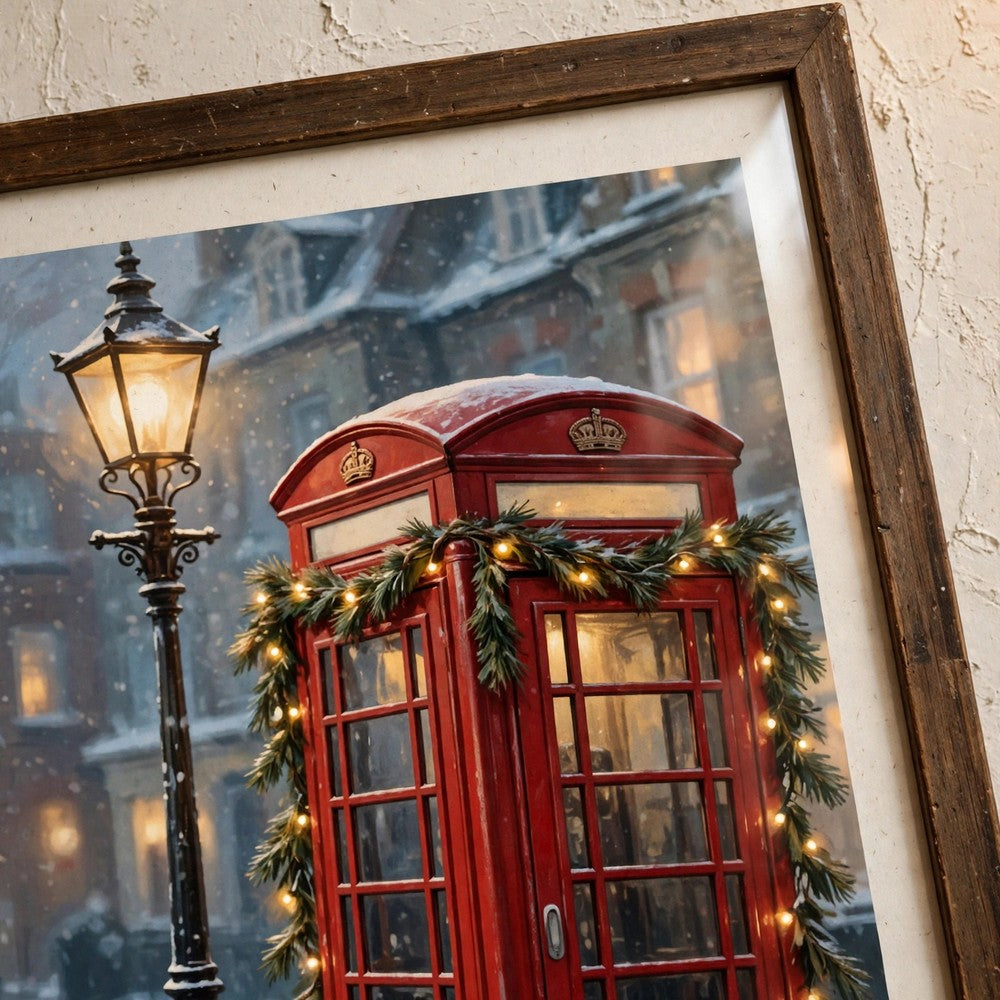 London Phone Booth in the Snow — Vintage Winter Landscape Poster