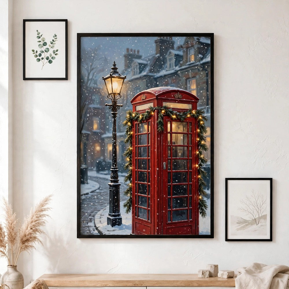 London Phone Booth in the Snow — Vintage Winter Landscape Poster