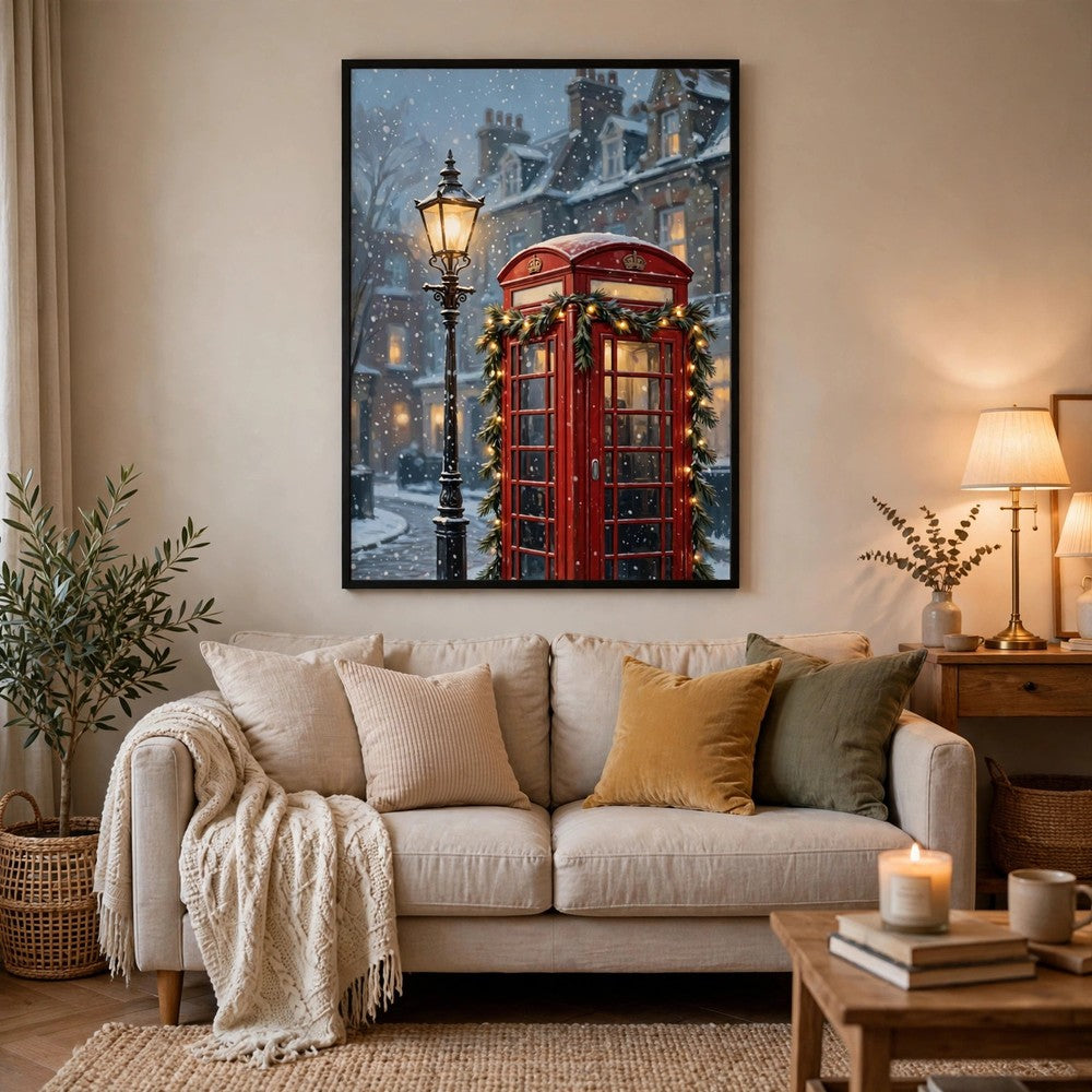 London Phone Booth in the Snow — Vintage Winter Landscape Poster