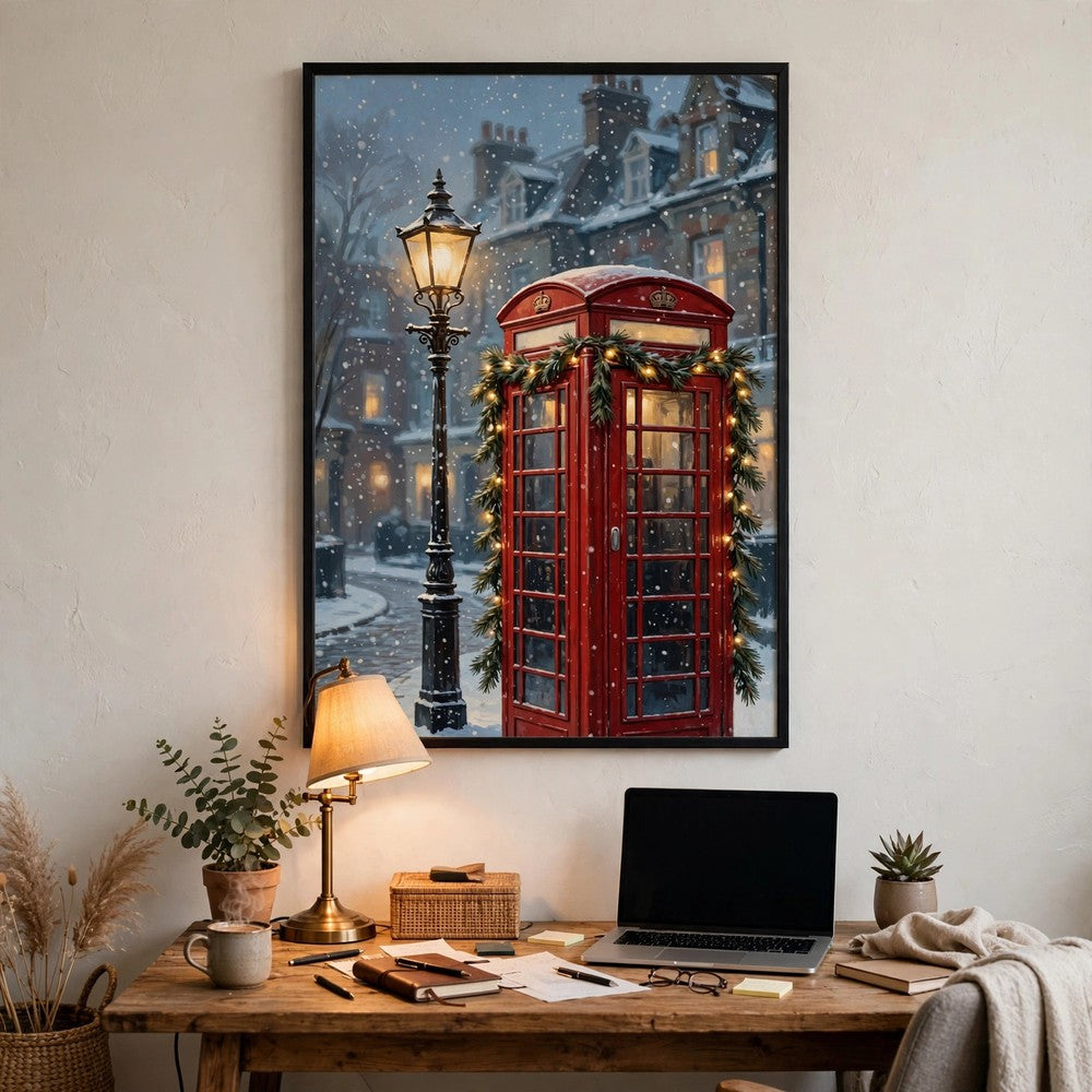 London Phone Booth in the Snow — Vintage Winter Landscape Poster