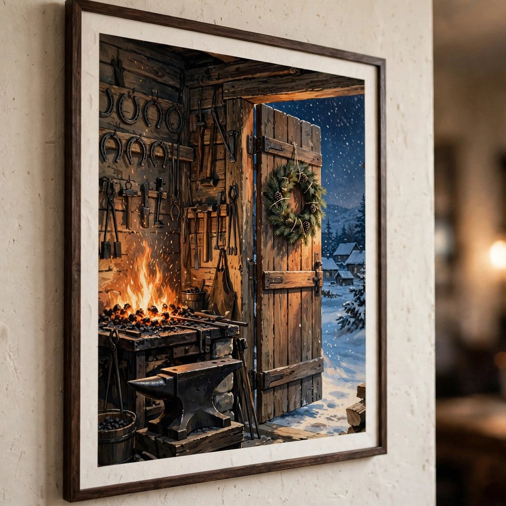 The Blacksmith's Christmas Forge — Vintage Winter Landscape Poster