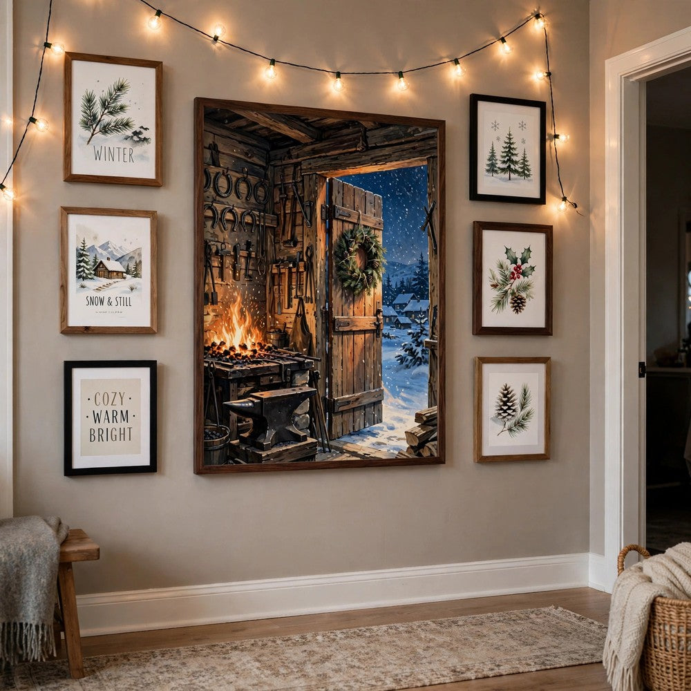 The Blacksmith's Christmas Forge — Vintage Winter Landscape Poster