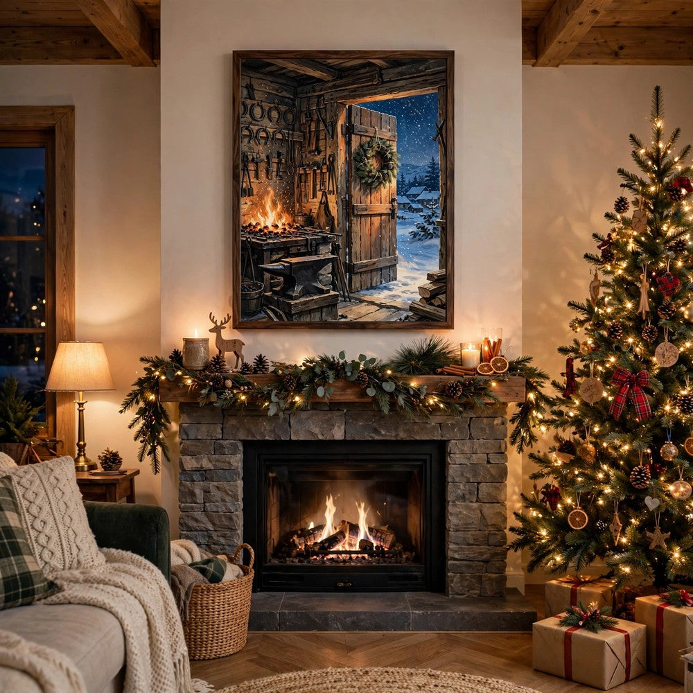 The Blacksmith's Christmas Forge — Vintage Winter Landscape Poster