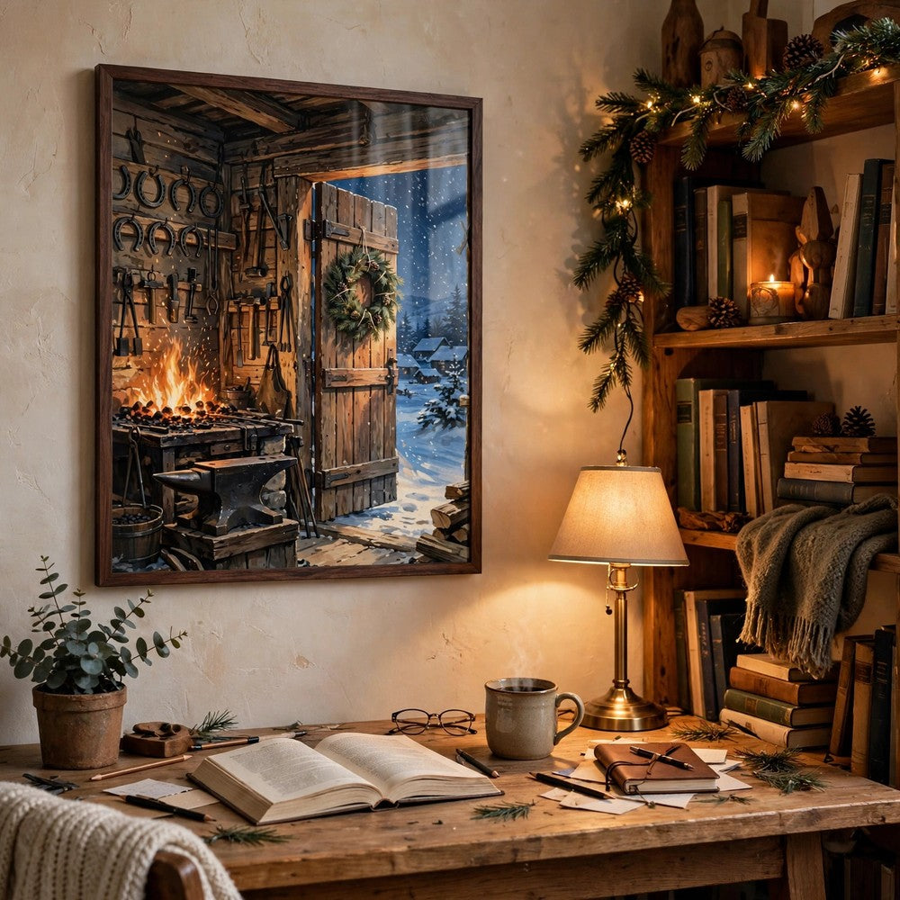 The Blacksmith's Christmas Forge — Vintage Winter Landscape Poster