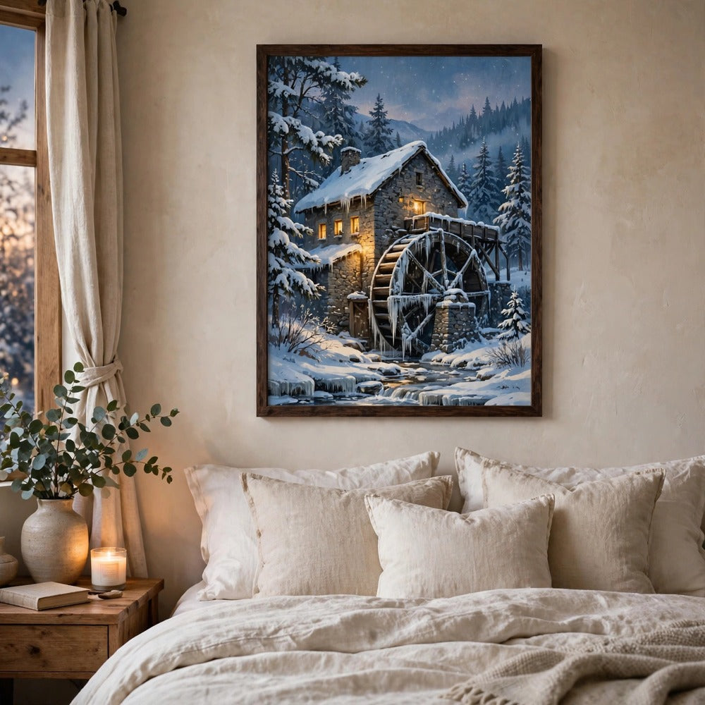 Snowy Old Watermill at Dusk — Vintage Winter Landscape Poster