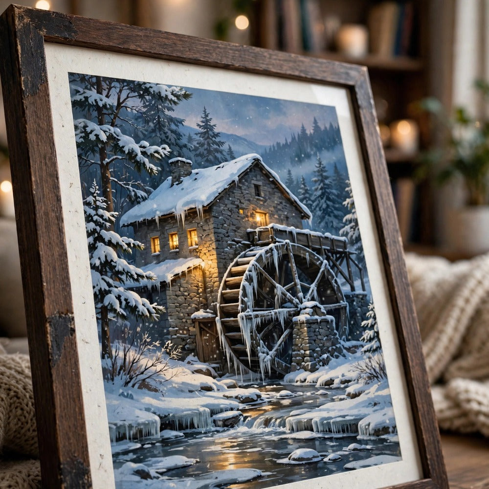 Snowy Old Watermill at Dusk — Vintage Winter Landscape Poster