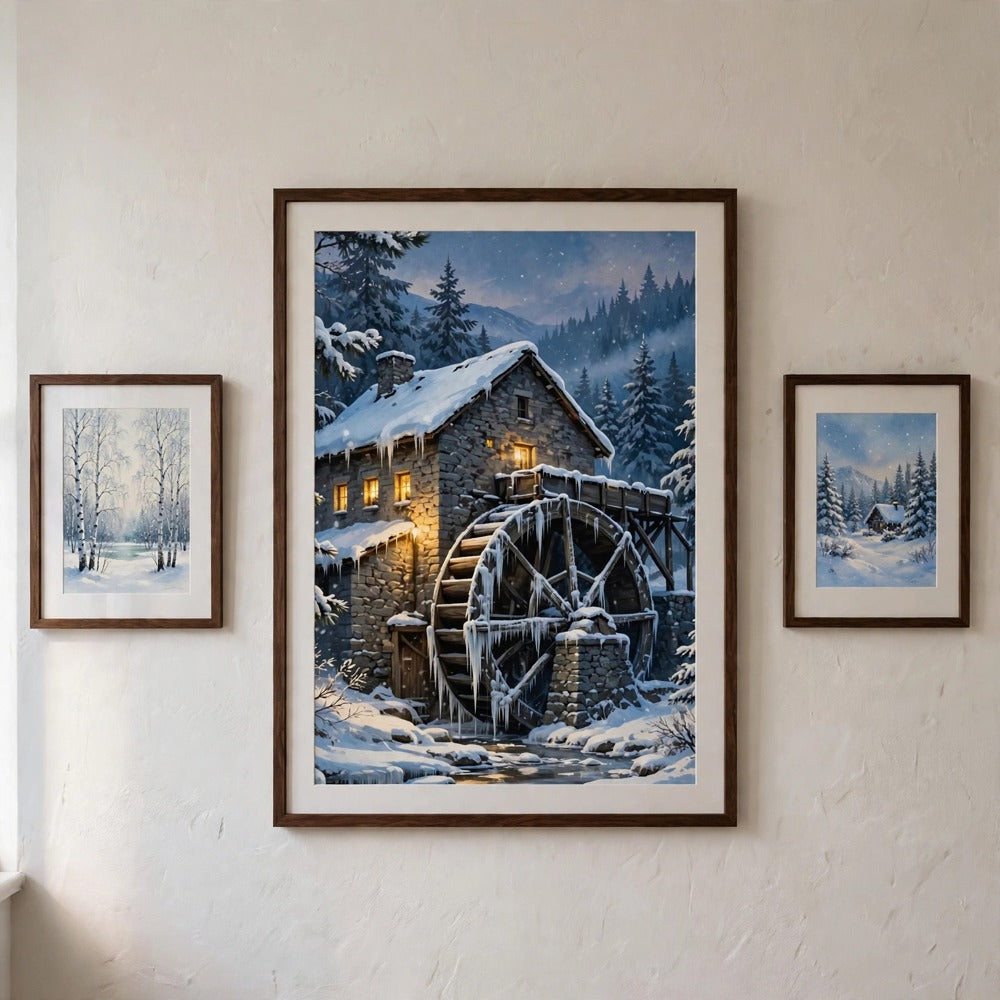 Snowy Old Watermill at Dusk — Vintage Winter Landscape Poster