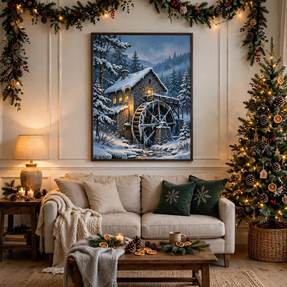 Snowy Old Watermill at Dusk — Vintage Winter Landscape Poster