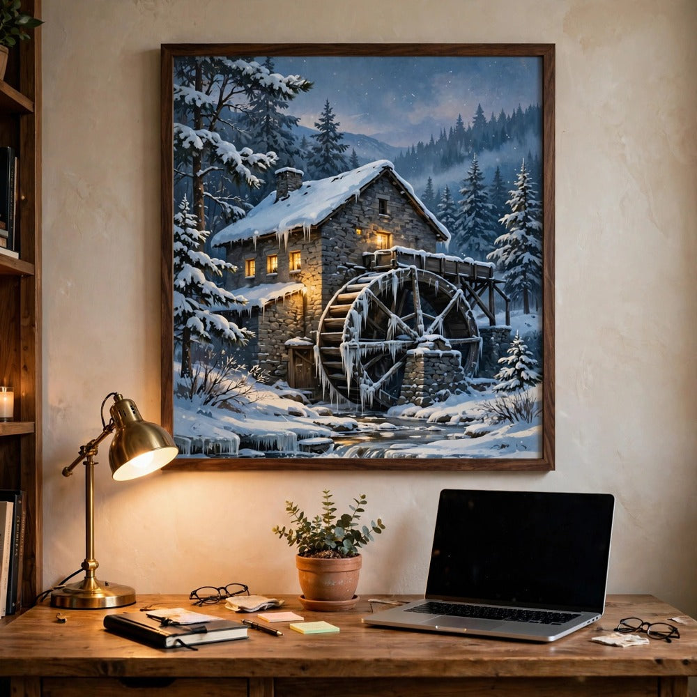 Snowy Old Watermill at Dusk — Vintage Winter Landscape Poster