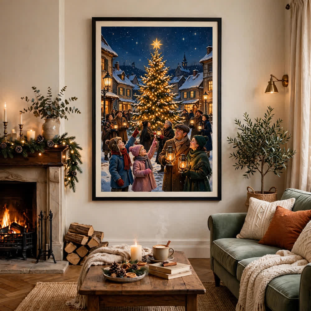 Village Tree-Lighting Ceremony vintage winter poster — framed living room mockup