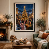 Village Tree-Lighting Ceremony vintage winter poster — framed living room mockup