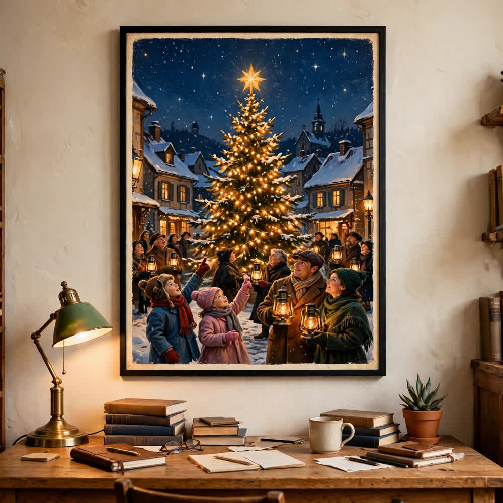 Village Tree-Lighting Ceremony vintage winter poster — framed home office mockup