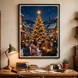 Village Tree-Lighting Ceremony vintage winter poster — framed home office mockup