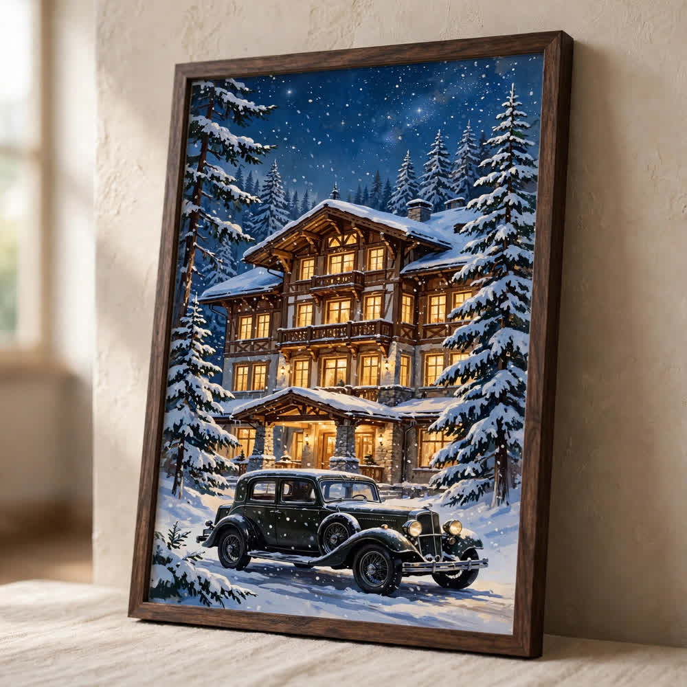 The Grand Hotel at Christmas — Vintage Winter Landscape Poster