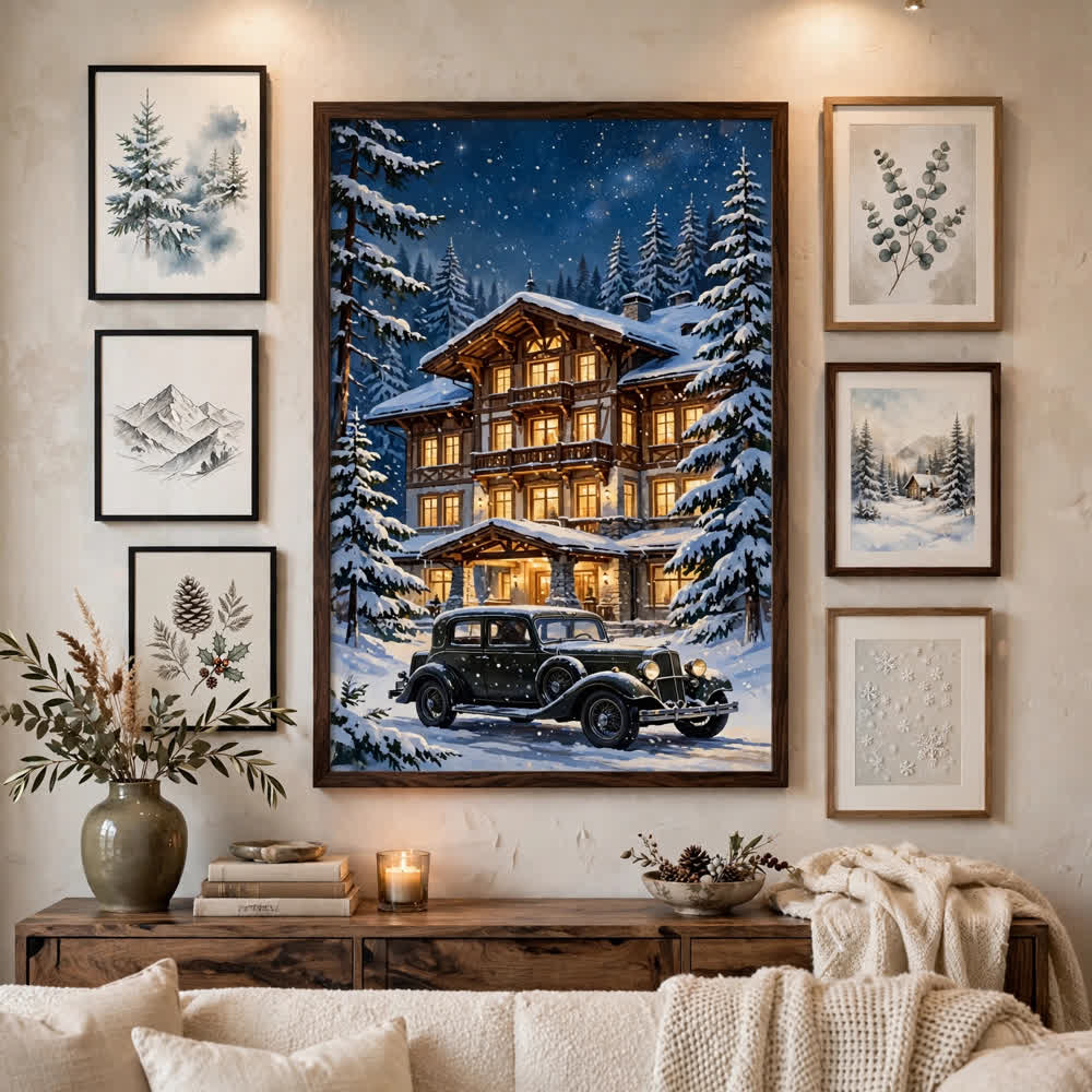 The Grand Hotel at Christmas — Vintage Winter Landscape Poster
