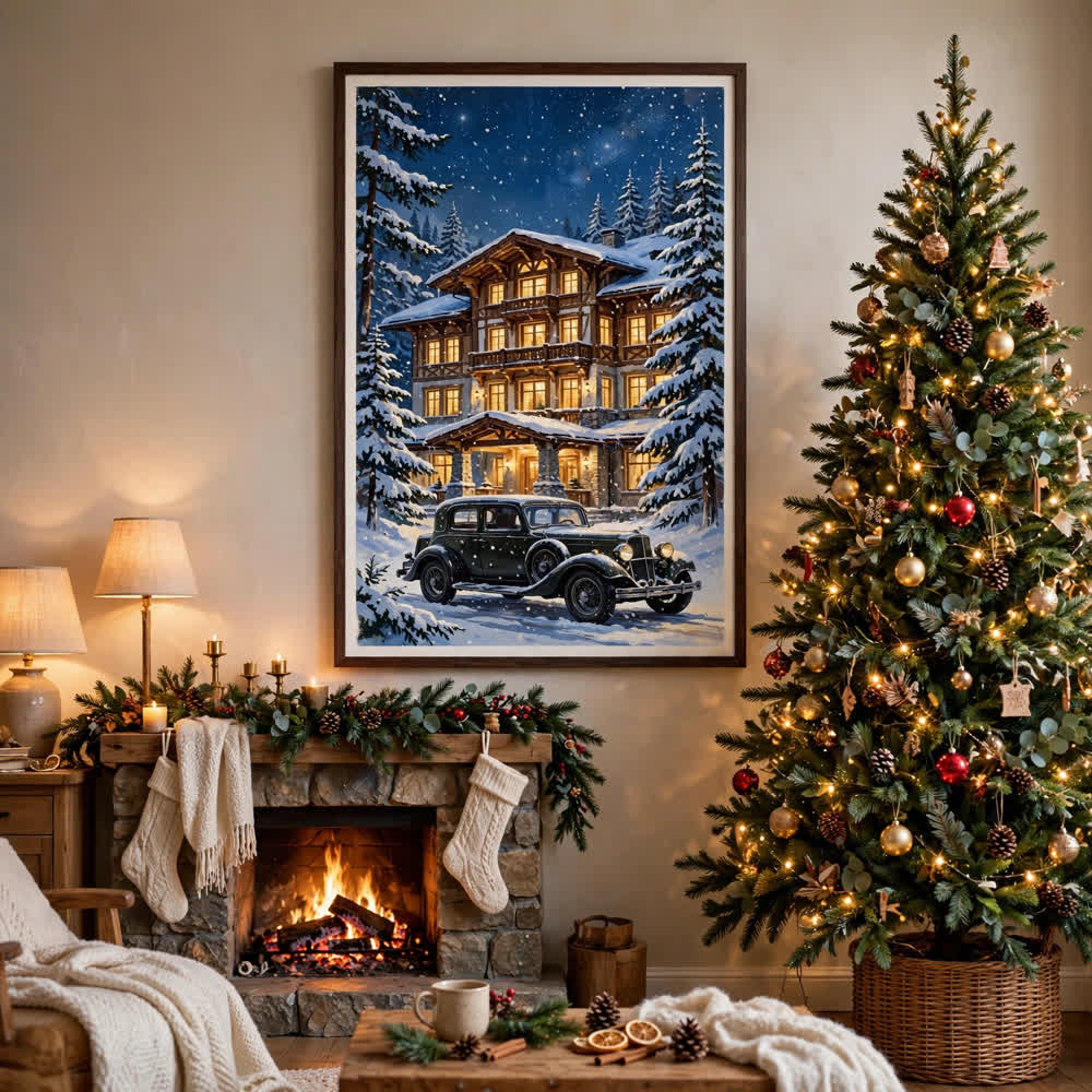 The Grand Hotel at Christmas — Vintage Winter Landscape Poster