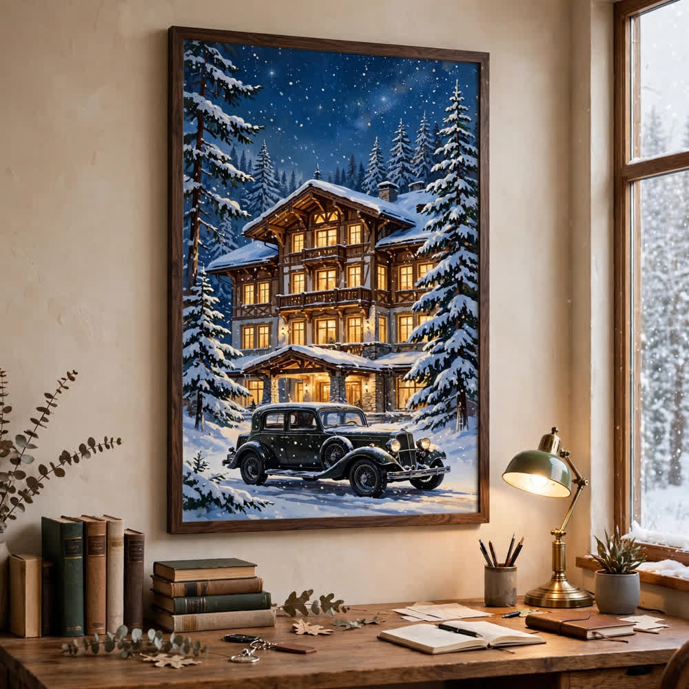 The Grand Hotel at Christmas — Vintage Winter Landscape Poster