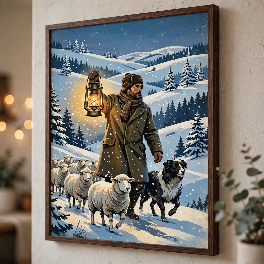 The Winter Shepherd — Vintage Winter Landscape Poster