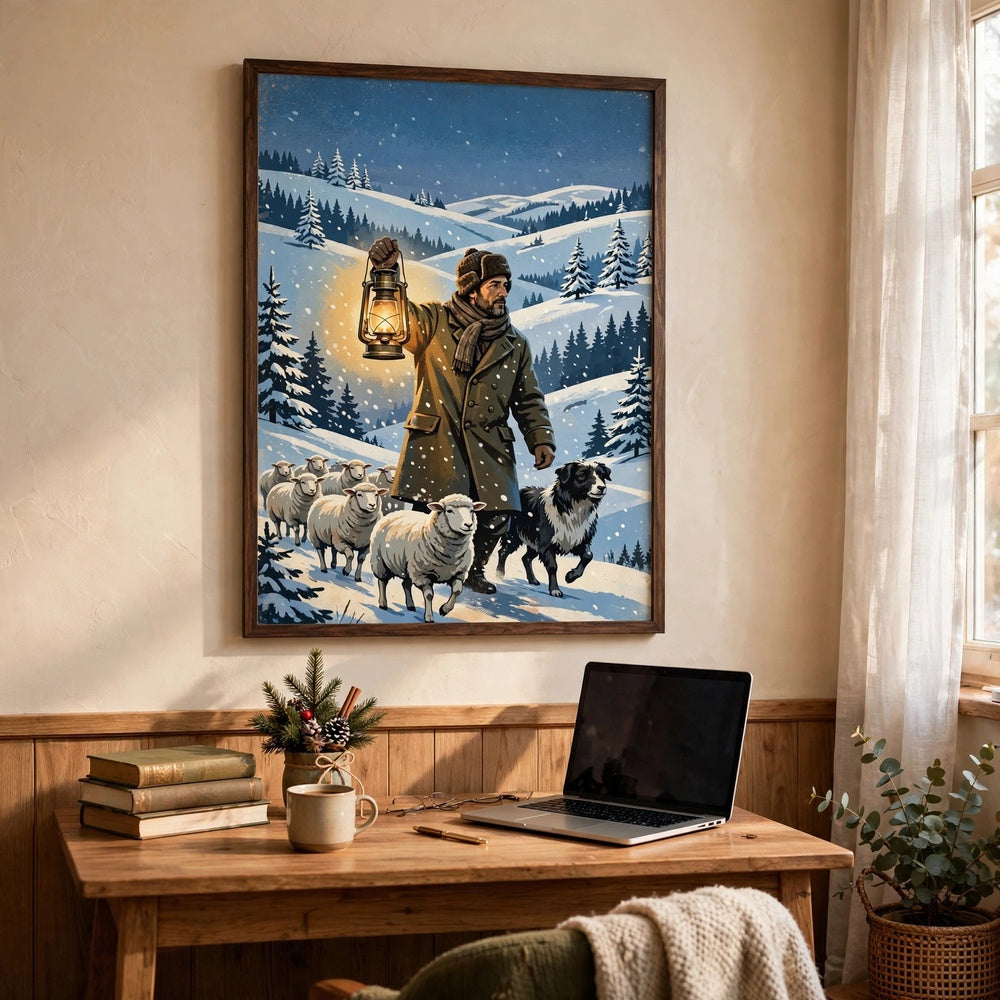 The Winter Shepherd — Vintage Winter Landscape Poster