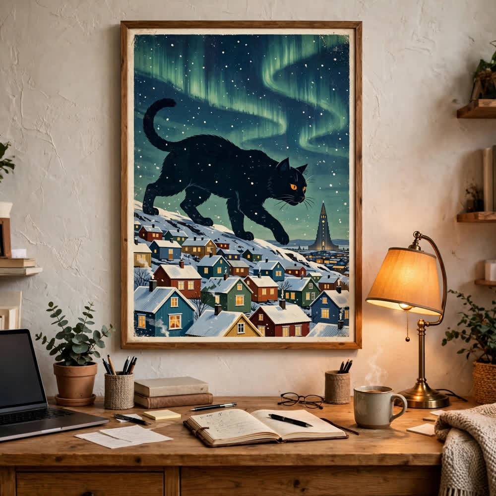 The Yule Cat of Iceland — Vintage Winter Landscape Poster