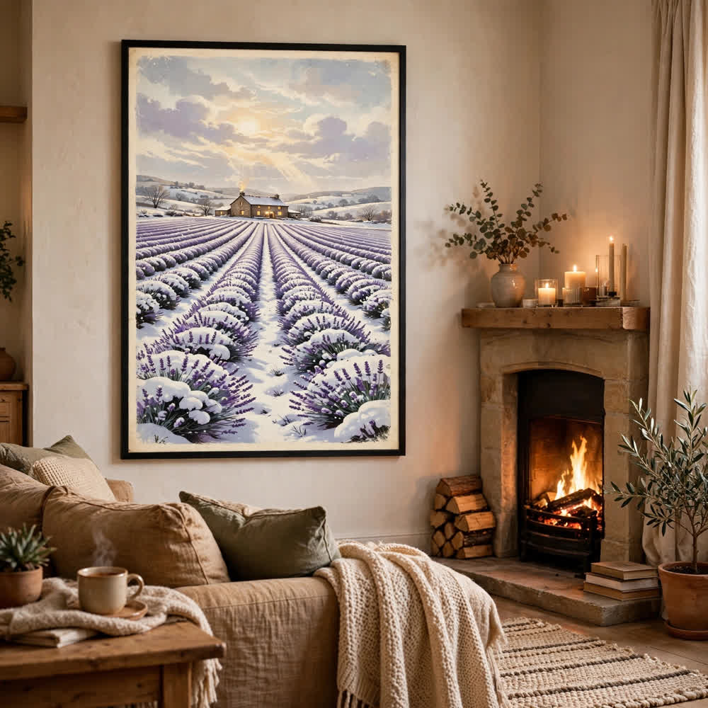 Lavender Snowfall vintage winter poster mockup